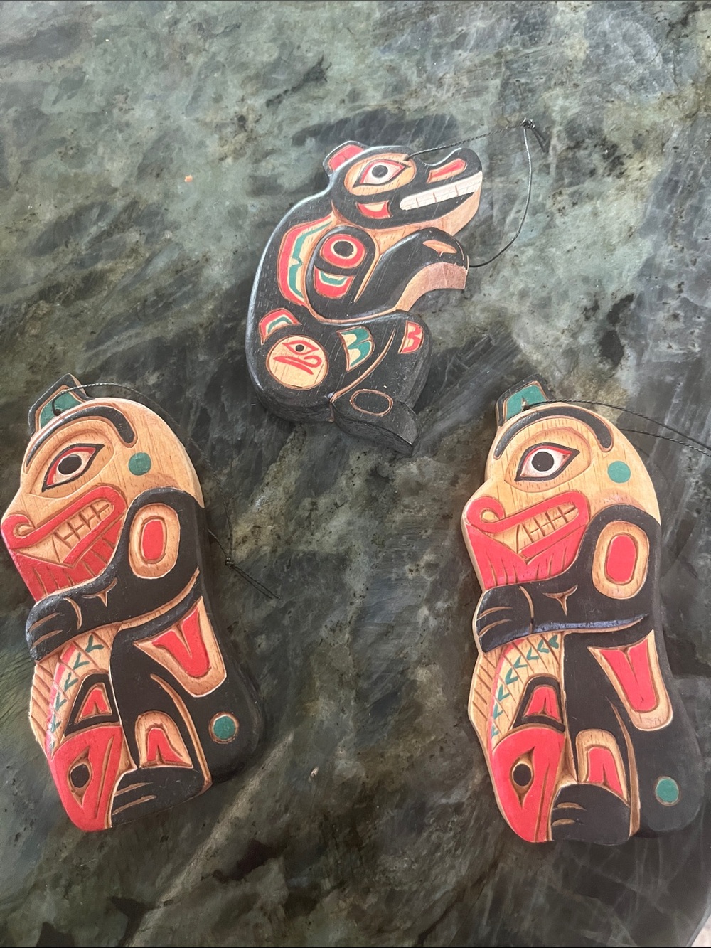 Native Alaskan  Ornaments - Red, Black & Natural Wood